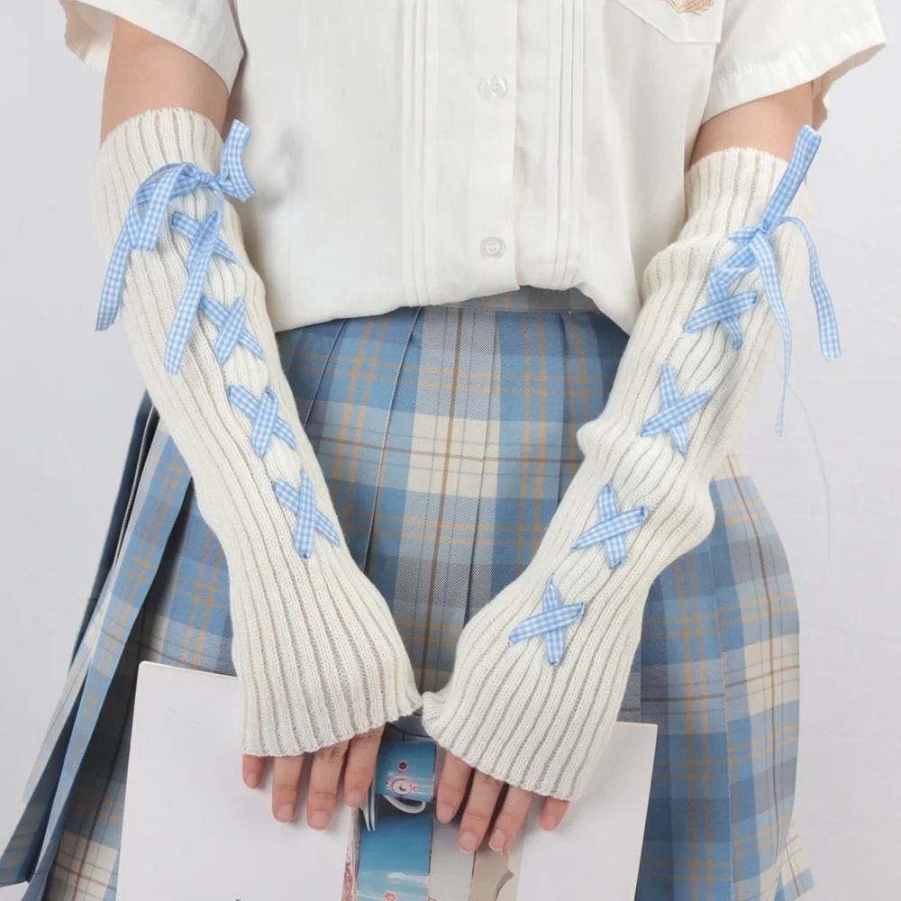 Fingerless Glove Knit - トレンドの女性用秋冬ニットアームスリーブ、カワイイロリータ、日本の白いゴスフィンガーレスグローブ、原宿風ストッキング、レッグウォーマー
