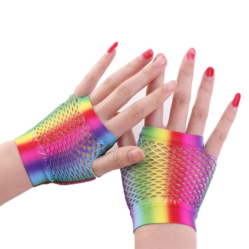 Fingerless Glove Knit - 女性用ショートメッシュ網タイツグローブ,穴あき,派手,ディスコダンスコスチューム,ハーフミトン,セクシー,レインボーカラー