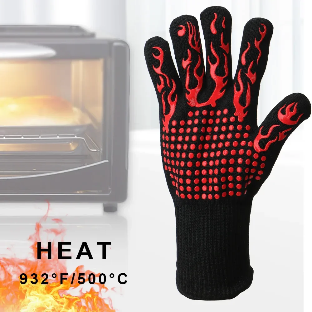 Oven Mitt Silicone - 難燃性ノンスリップバーベキュー防火手袋電子レンジ手袋オーブンミット耐火性 300-500 摂氏極度の耐熱性